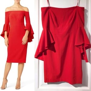 Milly | Italian Cady Selena Off-the-Shoulder Slit Dress in Flame Red